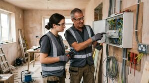 Electrician apprentice learning practical skills in the UK