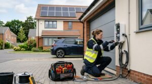 UK electrician installing an electric vehicle charging point